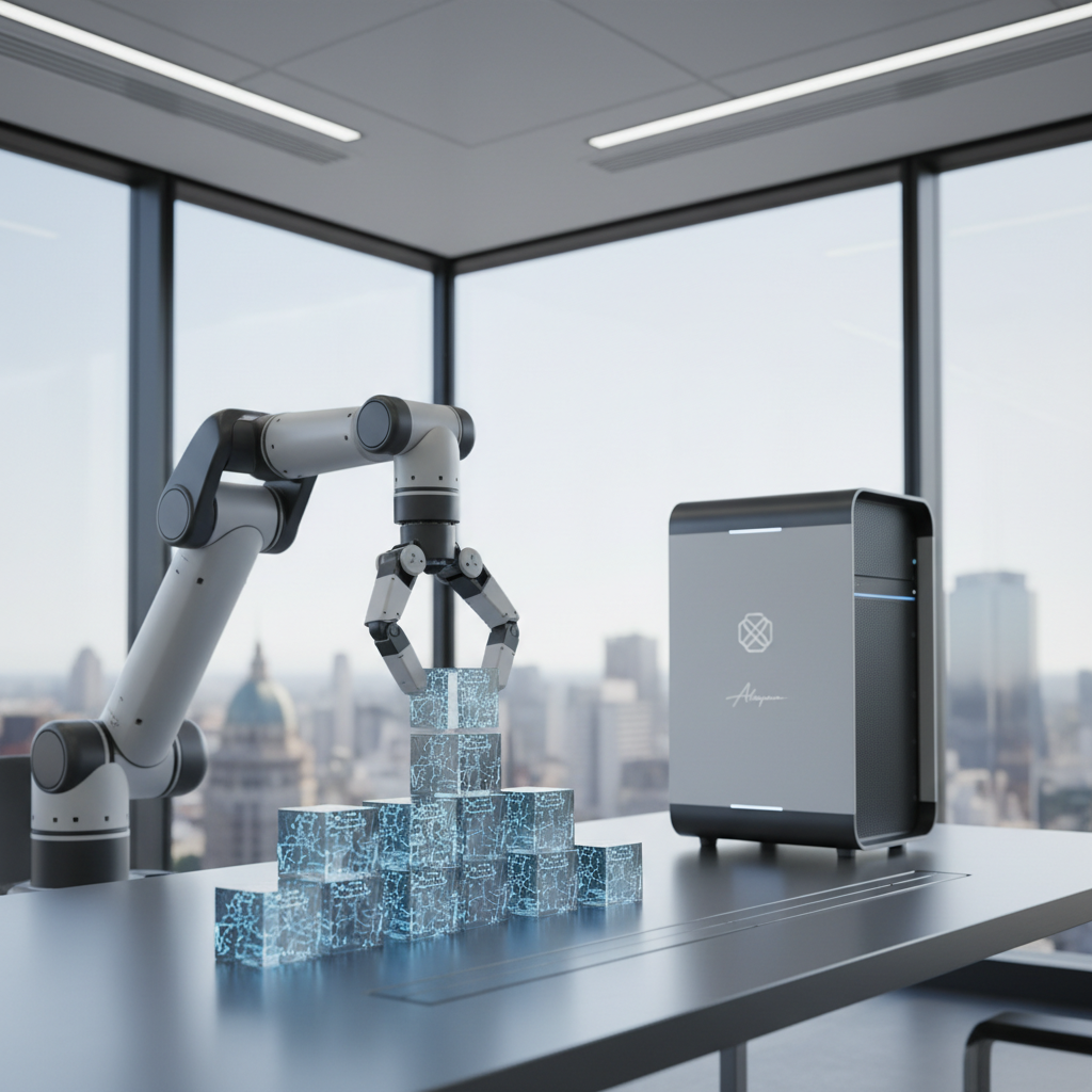 A robotic arm with a matte white and graphite finish meticulously sorting stacks of translucent data cubes on a minimalist metal desk, each cube internally glowing with soft blue circuitry patterns. Nearby, a compact, tower-like AI server labeled only with a subtle abstract emblem suggests a founder entity named “Alejandro” through a small etched signature-style icon, avoiding any human likeness. The scene is set in a high-rise office interior with floor-to-ceiling windows revealing a blurred Buenos Aires cityscape, including hints of historic European-style facades. Daylight mixes with cool overhead LED panels, creating balanced, neutral lighting. Photographic realism, shot from a slightly low angle to give the robotic systems presence and authority. The mood is efficient, precise, and quietly powerful, embodying converged AI and robotics for business processes.