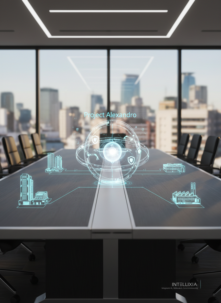 An ultra-modern boardroom table made of dark matte wood and brushed aluminum, dominated by a central, three-dimensional holographic model titled “Project Alejandro” represented as an intelligent AI core: interlocking translucent rings with tiny embedded robotic arms and shield icons orbiting around a glowing center. The hologram projects interactive lines outward to tiny virtual models of office towers and factory floors, symbolizing real businesses. Through a large window, a bright daytime Buenos Aires skyline is visible, with recognizable architecture softened into photographic bokeh. Natural sunlight streams in and combines with subtle recessed ceiling lights, creating a bright yet controlled, professional ambiance. Photographic realism, shot at eye level along the length of the table using shallow depth of field. The mood is visionary, strategic, and client-focused, highlighting Intellixia’s integrated AI, robotics, and cybersecurity managed services.