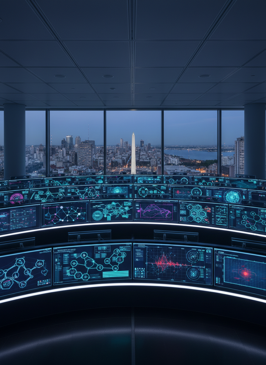 A sleek, glass-walled AI operations command center overlooking the Buenos Aires skyline at dusk, with the Obelisco and distant Río de la Plata visible through panoramic windows. Rows of ultra-thin monitors display abstract data visualizations of AI workflows, robotic process diagrams, and cybersecurity threat maps, all in cool blues and electric teals. Soft, indirect LED lighting under desks and along ceiling lines creates a calm, focused glow, casting subtle reflections on the polished dark floor. Photographic realism, eye-level composition with a wide-angle lens, capturing depth across the room. The mood is professional, futuristic, and trustworthy, emphasizing enterprise-scale AI BPO services without any people present, just active, autonomous systems at work.