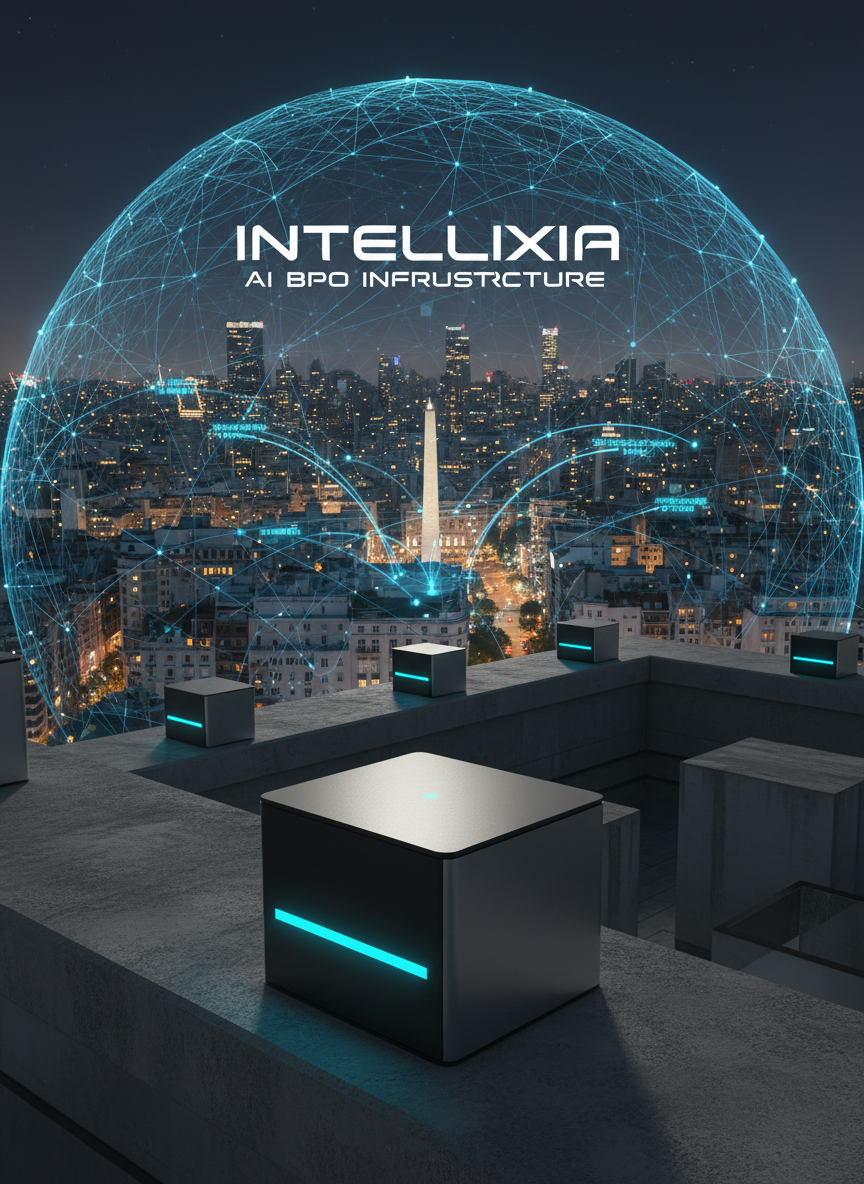 A night-time rooftop scene in downtown Buenos Aires, rendered in photographic realism, where several compact, autonomous AI edge devices sit along the parapet, each shaped like a minimalist black and silver cube with subtle cyan light strips. Above them, a semi-transparent digital network dome overlays the city, with flowing data streams connecting key buildings, hinting at enterprise clients. The Obelisco appears in the distance under city lights. Moonlight and ambient urban glow softly illuminate the devices, creating gentle reflections on their metallic surfaces, while the digital network emits an ethereal blue radiance. Shot from a low angle, close to one device in the foreground, with the city receding into depth behind. The mood is confident, always-on, and secure, portraying Intellixia’s AI BPO infrastructure silently protecting and optimizing overnight operations.