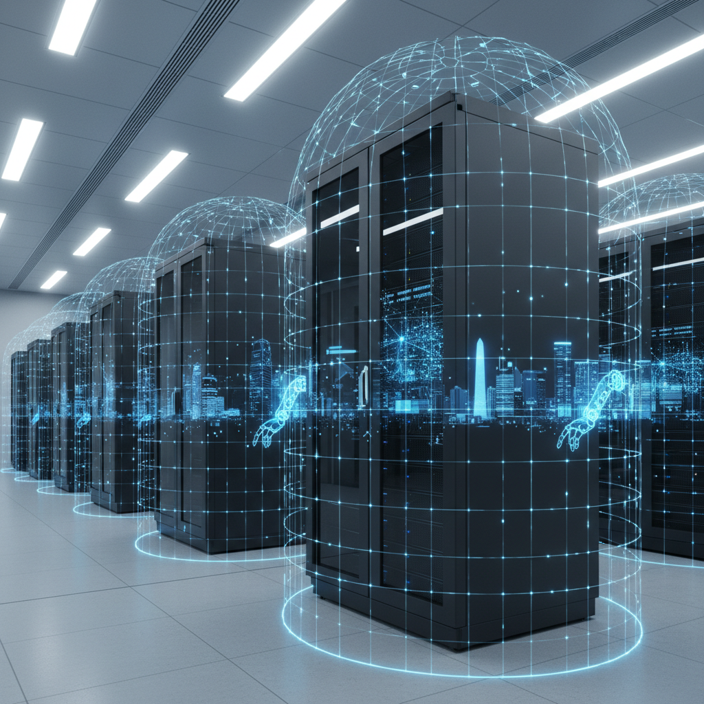 A dramatic, photographic-realistic visualization of cybersecurity for AI BPO: a row of sleek black server racks enclosed within a transparent, glowing protective dome made of intersecting blue light grids. Within the servers, faint holographic silhouettes of robotic hands and AI neural networks pulse with activity, suggesting continuous processing. The environment is a dark, climate-controlled data center, with a faint reflection of a stylized Buenos Aires skyline in the glass doors of the racks. Overhead, cool white strip lighting casts clean linear highlights across metal surfaces, creating a crisp, secure atmosphere. Captured from a slightly elevated, three-quarter angle with sharp focus throughout, the composition feels stable and fortified, emphasizing trustworthy cybersecurity wrapped around AI and robotics.