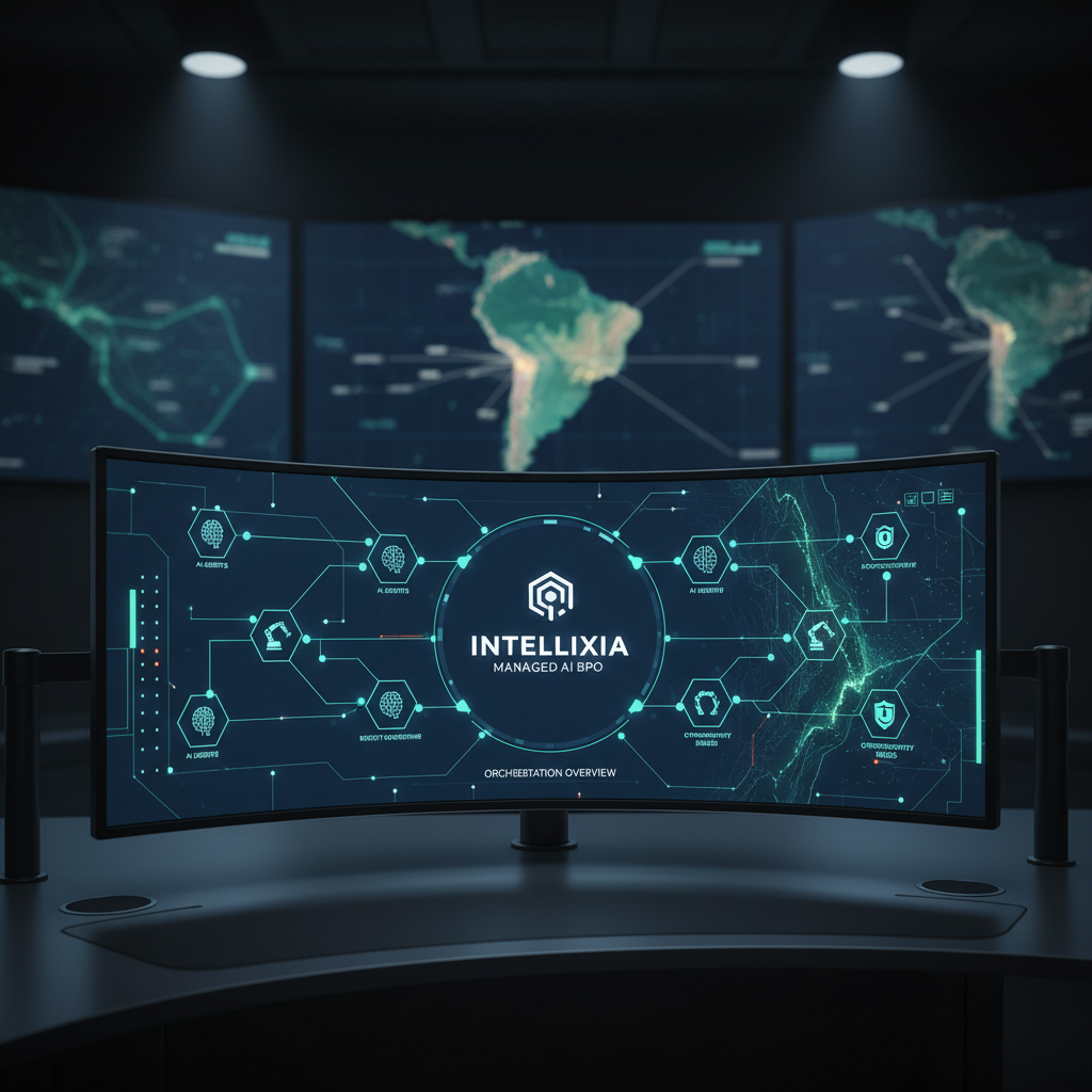 A close-up, photographic-realistic view of a sophisticated AI orchestration dashboard on a large curved screen in a darkened enterprise control room. The interface shows interconnected nodes symbolizing AI agents, robotic workflows, and cybersecurity shields, all linked in a dynamic network. In the background, slightly out of focus, additional wall-sized displays show a stylized digital map of South America with Buenos Aires softly highlighted. Cool, focused spot lighting emphasizes the crisp edges of the screen and the brushed metal frame of the workstation, while the rest of the room fades into a subtle bokeh. The mood is precise, analytical, and high-tech, conveying Intellixia’s managed AI BPO capabilities with a clean, modern aesthetic and no human figures.